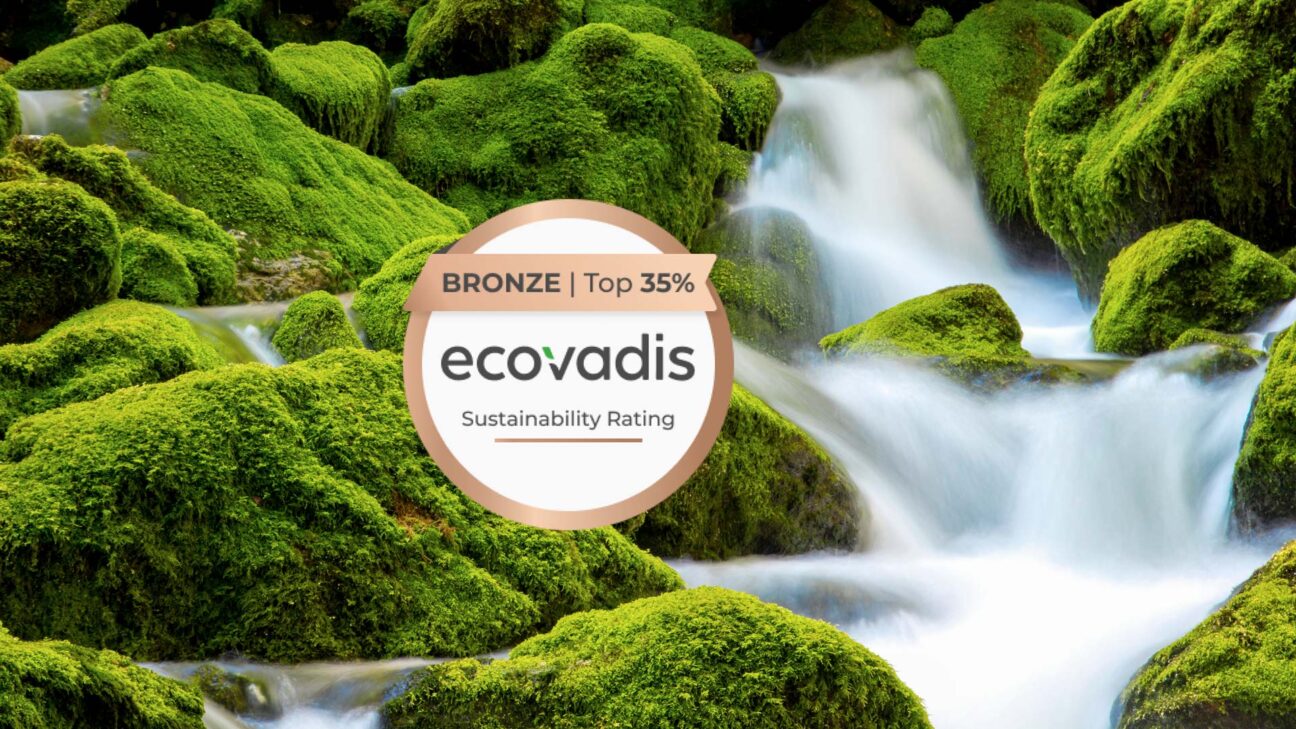 ecovadis-Siegel auf einem moosbedecktem Bachlauf mit sauberem Wasser